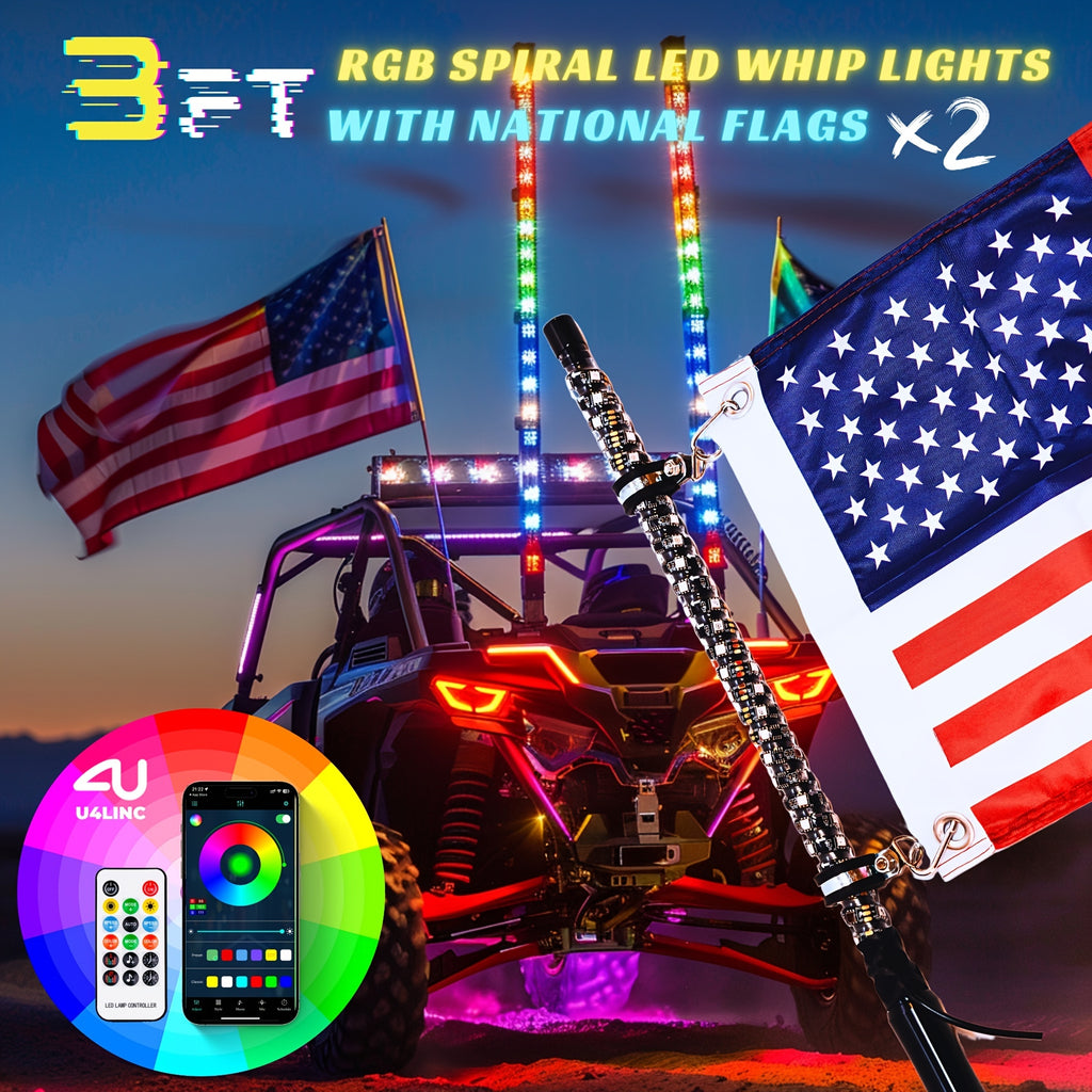 1 Pair (2pcs) 1ft/2ft/3ft/4ft Brighter RGB LED Whip Lights Flag Pole Remote And APP Control Color Changing Lamp Spiral RGB Music Chasing/Dancing Neon Light Whips for UTV ATV RZR SXS Side By Side Dune Buggy Offroad Truck (w/o Spring Base)