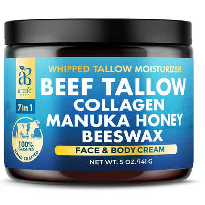 Whipped Beef Tallow Moisturizer - Organic Grass-Fed Face & Body Cream with Manuka Honey, Jojoba Oil, Collagen & Aloe Vera, All-in-One Natural Skincare for All Skin Types