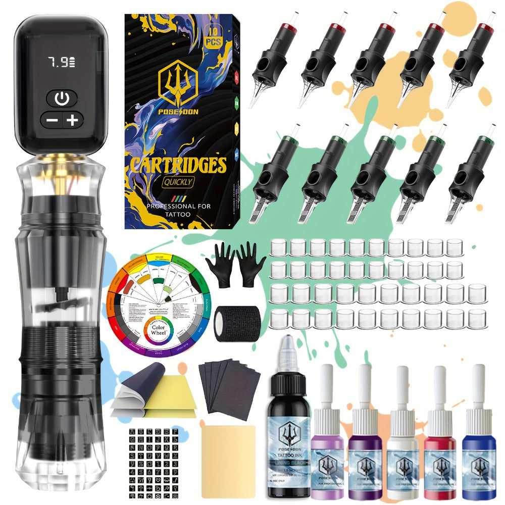 Rotary Tattoo Machine Kit Complete Set with 1400mAh Wireless Battery Digital Display 10 Cartridge Needles 6 Inks Practice Skin for Beginners & Professional Artists