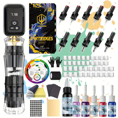 Rotary Tattoo Machine Kit Complete Set with 1400mAh Wireless Battery Digital Display 10 Cartridge Needles 6 Inks Practice Skin for Beginners & Professional Artists
