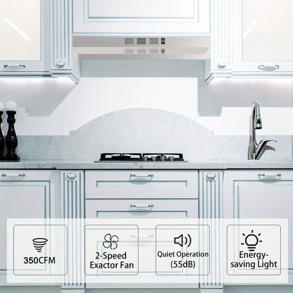Range Hood 30 Inch Under Cabinet | Ducted & Ductless Convertible Kitchen Vent Hood with LED Light & 2-Speed Exhaust Fan, Stainless Steel – Black, White & Silver, Easy Install