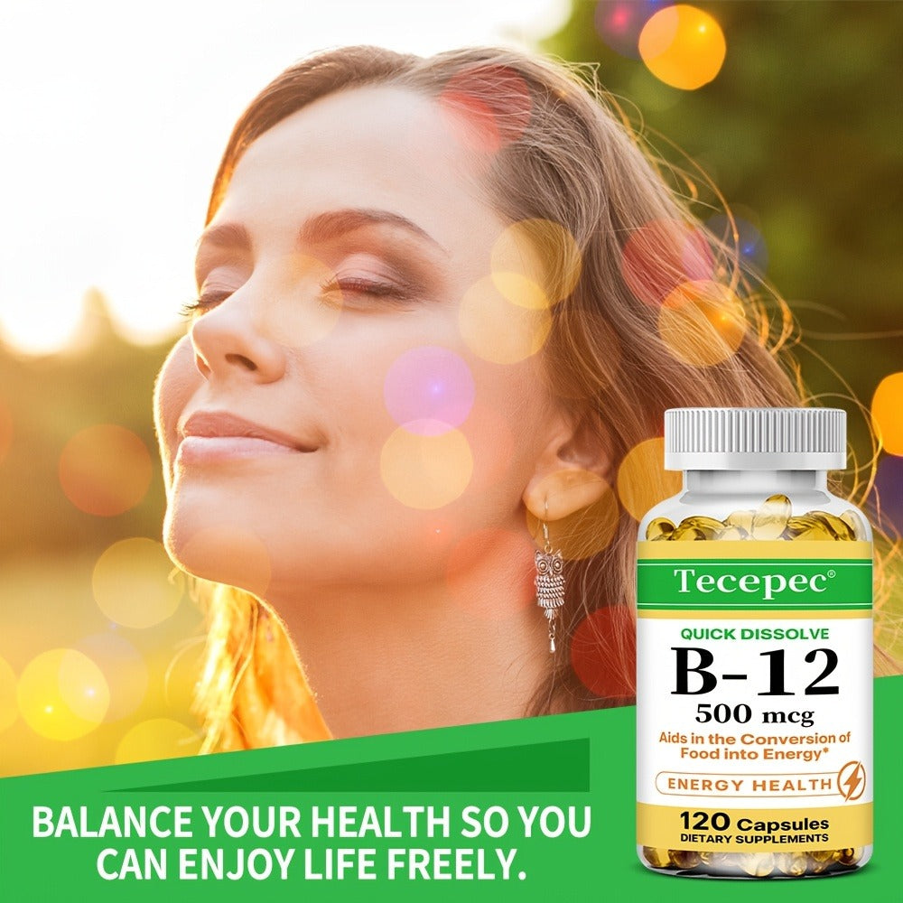 Vitamin B12 500mcg Capsules 120 Count for Women Men – Supports Energy Nervous System Cardiovascular Health Nutrient Absorption Daily Vitality Premium Formula Dietary Supplement