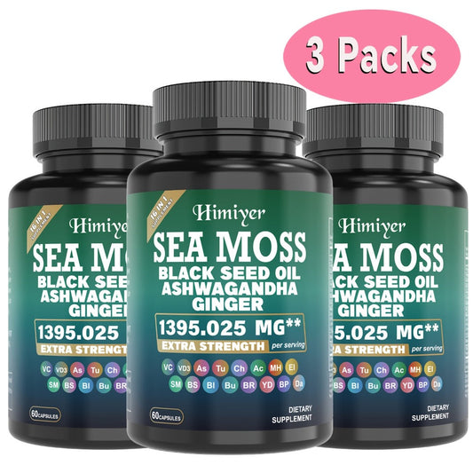 Sea Moss Capsules 3-Pack 180ct with Black Seed Oil Ashwagandha Turmeric Vitamin C D3 — Superfood Supplement for Energy Immunity Thyroid Gut Health Men Women