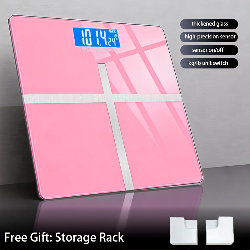 Digital Bathroom Scale with LCD Temperature Display – 396 lb High-Precision Weight Scale, KG/Pounds Switchable, Wide Non-Slip Platform, Available with HD LED Upgrade, Waist Strap & Storage Rack