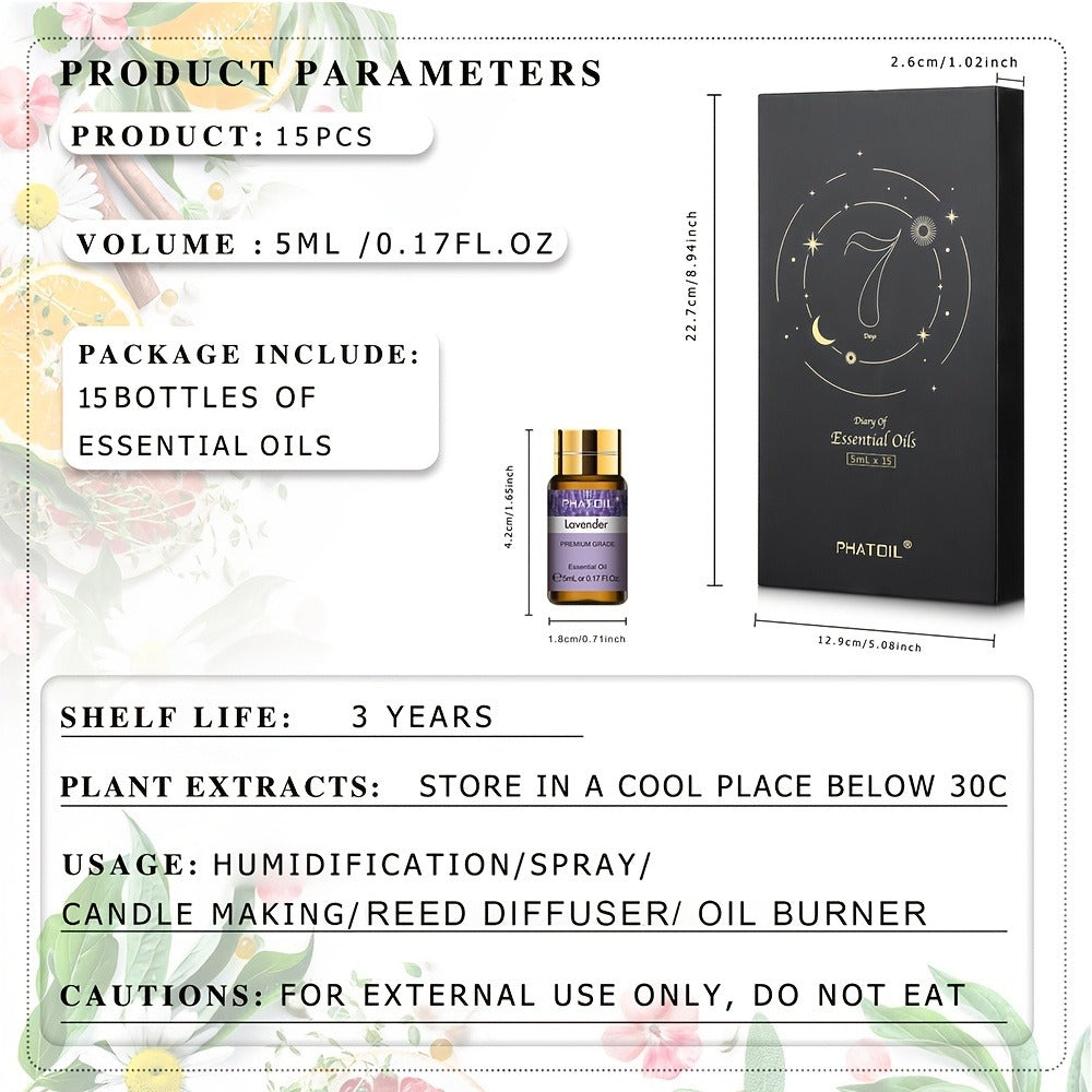 Essential Oil Kit 15pcs – 5ml Aromatherapy Gift Set for Diffuser, Humidifier & Candle Making | Mother's Day, Christmas, Valentine's Day Gift