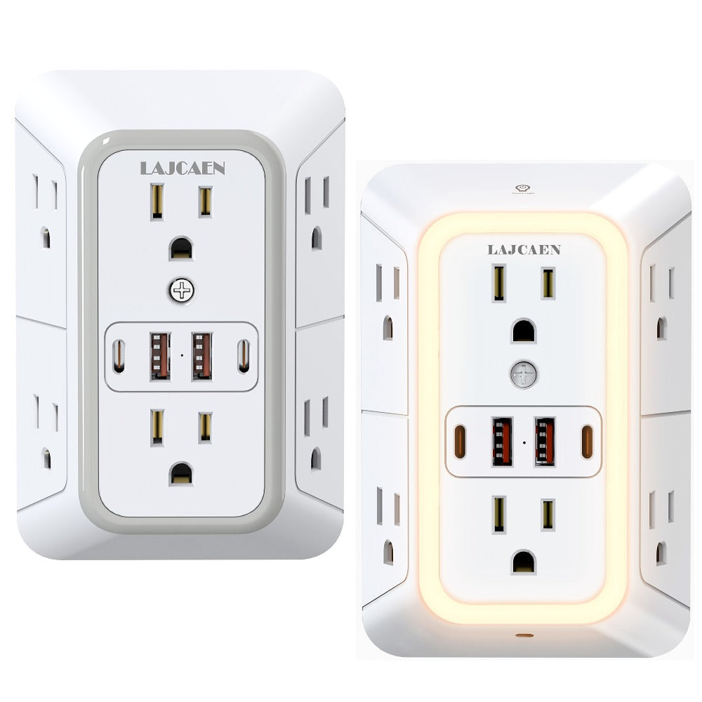 Outlet Splitter Wall Expander 10-in-1 with 6 AC Outlets 2 USB-A 2 USB-C Ports 3-Sided Plug Extender Surge Protector Night Light Compact Space-Saving Design for Home Dorm Apartment Office