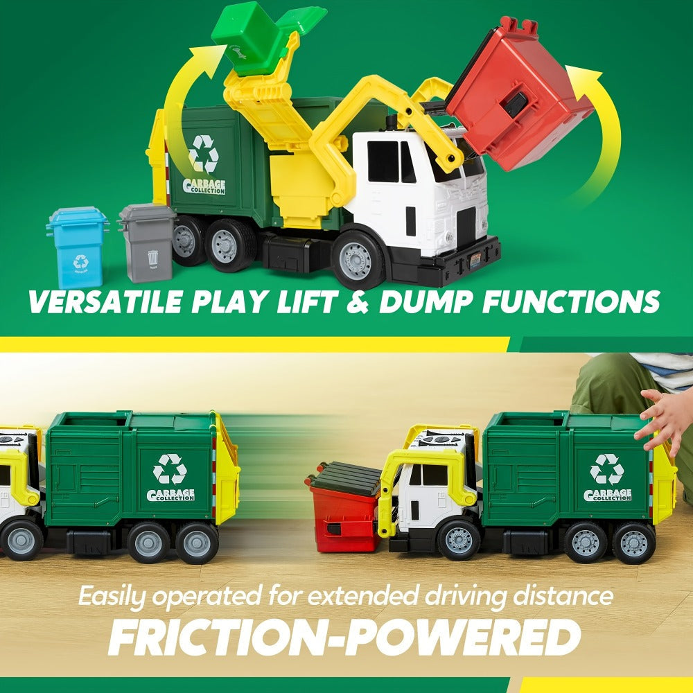 Garbage Truck Toy Set 16-Inch Large Friction-Powered with Lights & Sounds, Color-Coded Trash Bins, Garbage Sorting Learning Cards – Educational Gift for Boys & Girls Ages 3+