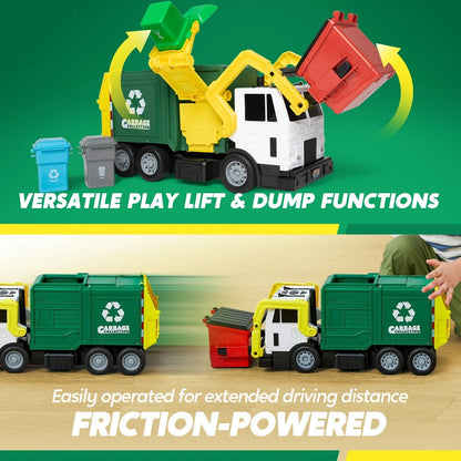 Garbage Truck Toy Set 16-Inch Large Friction-Powered with Lights & Sounds, Color-Coded Trash Bins, Garbage Sorting Learning Cards – Educational Gift for Boys & Girls Ages 3+