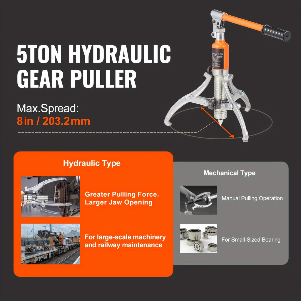 VEVOR Hydraulic Gear Puller, 5 Ton Max Capacity Wheel Bearing Pulling Separator, 2 Or 3 Jaws Puller, Vertically And Horizontally, 8" Jaw Hydraulic Puller With Case For Pulling Hubs