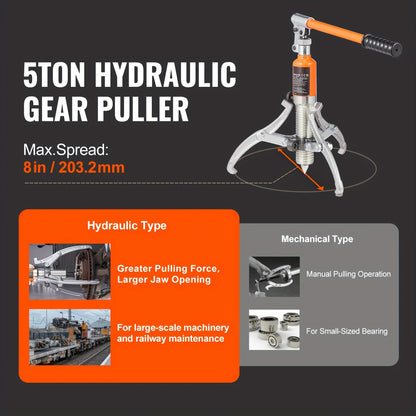 VEVOR Hydraulic Gear Puller, 5 Ton Max Capacity Wheel Bearing Pulling Separator, 2 Or 3 Jaws Puller, Vertically And Horizontally, 8" Jaw Hydraulic Puller With Case For Pulling Hubs