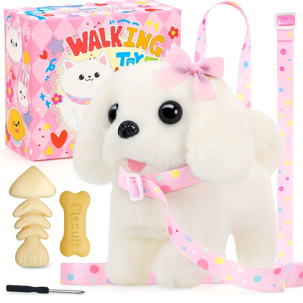 Walking Barking Dog Toy Electronic Interactive Puppy Plush with Tail Wagging Leash Bow Soft Stuffed Animal Birthday Christmas Easter Gift for Kids Girls Toddlers