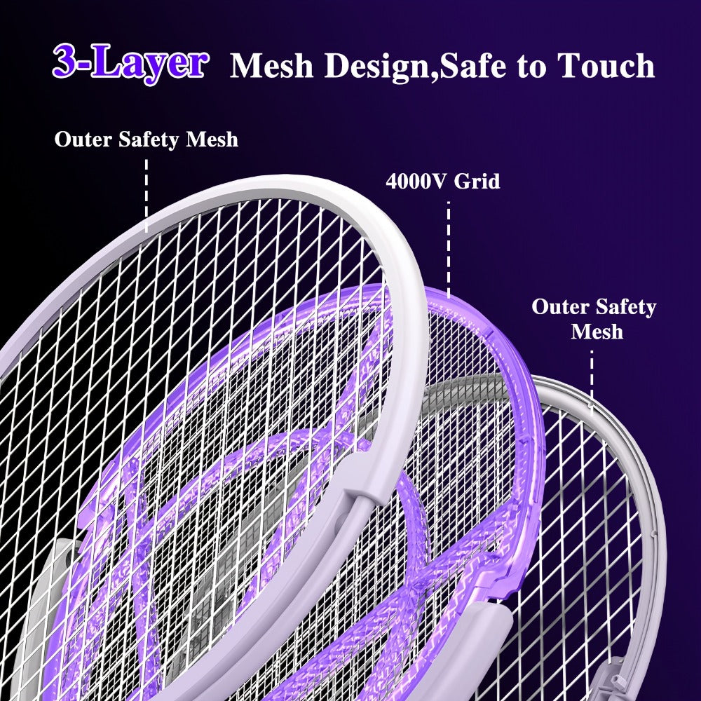 Electric Fly Swatter Racket 4000V – Rechargeable Mosquito Killer Zapper with Auto One-Touch Kill, Detachable Head, USB Type-C Charging, Cordless Bug Zapper for Indoor & Outdoor Use, Pet-Safe Pest Control