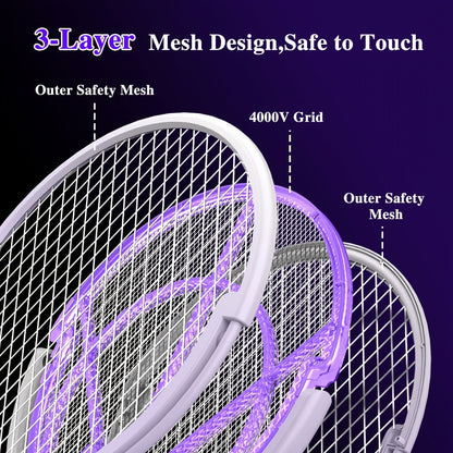Electric Fly Swatter Racket 4000V – Rechargeable Mosquito Killer Zapper with Auto One-Touch Kill, Detachable Head, USB Type-C Charging, Cordless Bug Zapper for Indoor & Outdoor Use, Pet-Safe Pest Control