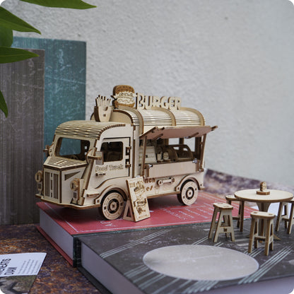 Basswood Food Truck 3D Puzzle Model Kit – DIY Building Toy for Kids & Adults, Yellow Miniature Snap-Fit Craft, Creative Birthday Halloween Christmas Gift for Boys Girls