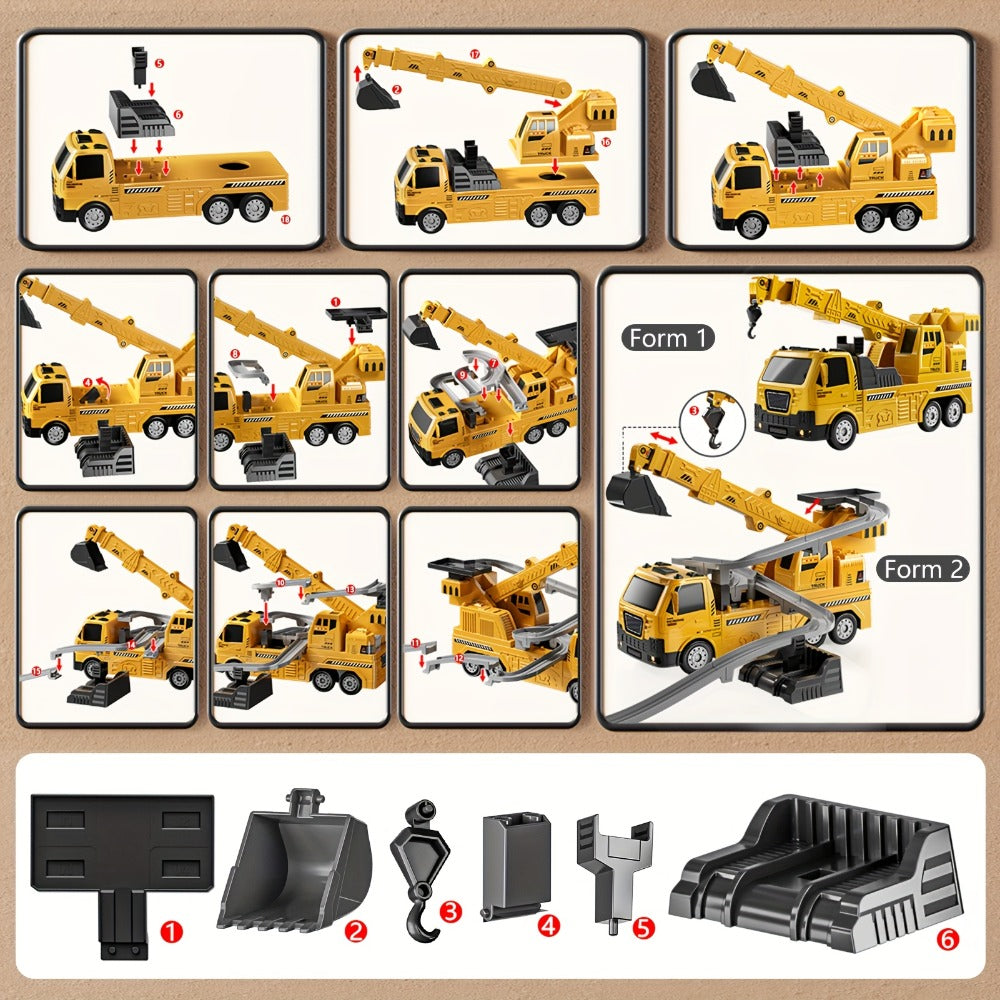 3-in-1 Crane Excavator & Racing Track Toy Set for Kids Ages 3+ – Construction Vehicle Playset with Lights & Sounds, 8 Cars Included, STEM Birthday Christmas Gift for Boys Toddlers