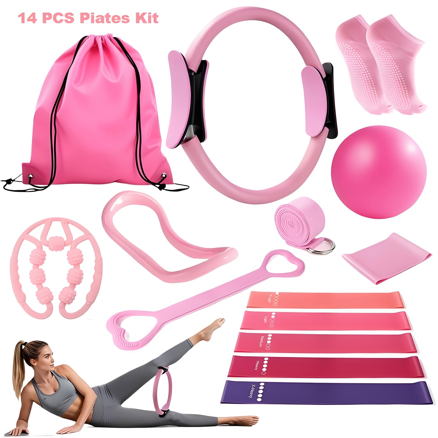 Pilates Set for Women 14-Piece – Includes 13-Inch Pilates Ring, 9-Inch Yoga Ball, 5 Resistance Bands & Hip Thrust Bands, Complete Home Pilates Equipment Kit for Beginners & Core Training