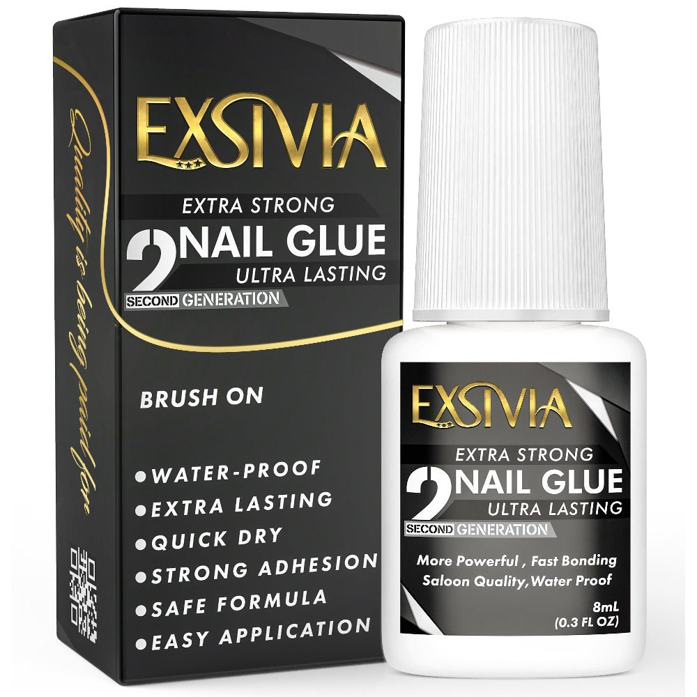Extra Strong Brush On Nail Glue 10ml Exsivia - Quick Dry Waterproof Long Lasting Bond for Press On Nails Acrylic Fake Nail Tips - No Dehydrator or Primer Needed Salon Quality Nail Adhesive for Women