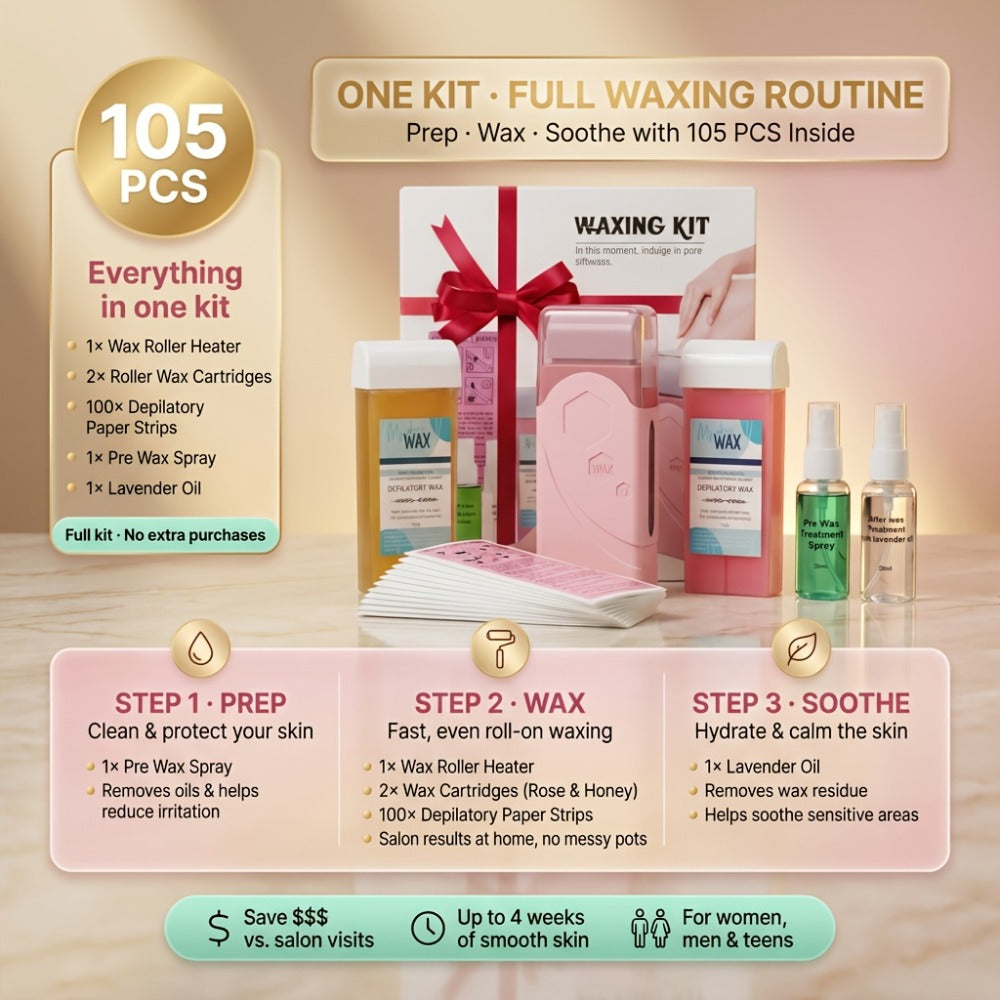 Roll On Wax Kit 105 Piece Complete Home Waxing Set - 2 Roll On Wax Rollers, Wax Warmer, 100 Waxing Strips, Lavender Oil & Pre-Post Spray - Pro Hair Removal for Face Brazilian Bikini Full Body Sensitive Skin