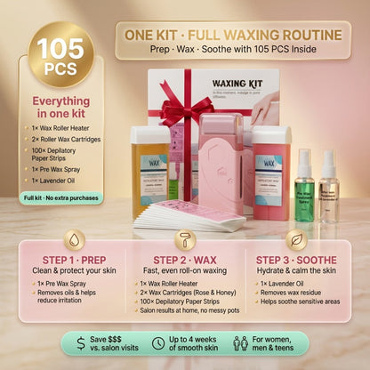 Roll On Wax Kit 105 Piece Complete Home Waxing Set - 2 Roll On Wax Rollers, Wax Warmer, 100 Waxing Strips, Lavender Oil & Pre-Post Spray - Pro Hair Removal for Face Brazilian Bikini Full Body Sensitive Skin