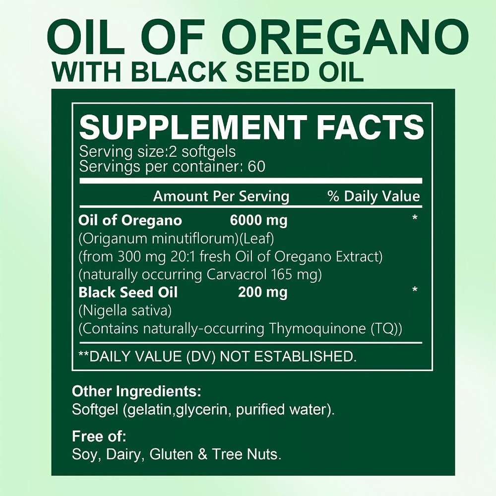 Wild Oregano Oil Softgels 6000mg with Black Seed Oil Carvacrol & Thymol for Immune Support Antifungal Antimicrobial Defense Gut Health & Respiratory Support — Dairy-Free Gluten-Free 120 Capsules Women & Men