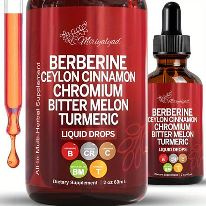 Berberine Blood Sugar Support Liquid Drops 2 fl oz with Ceylon Cinnamon Chromium Bitter Melon Turmeric — Natural Plant-Based Herbal Formula for Glucose Balance Insulin Sensitivity Metabolic Health
