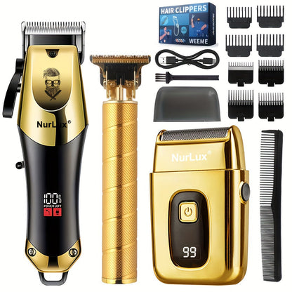 T-Blade Hair Clipper Set for Men - Golden Series USB Rechargeable Trimmer Kit with Guide Combs & Cleaning Brush, 1pc 2pcs 3pcs Options, Edge-Up Fade Beard Grooming, Gift for Men