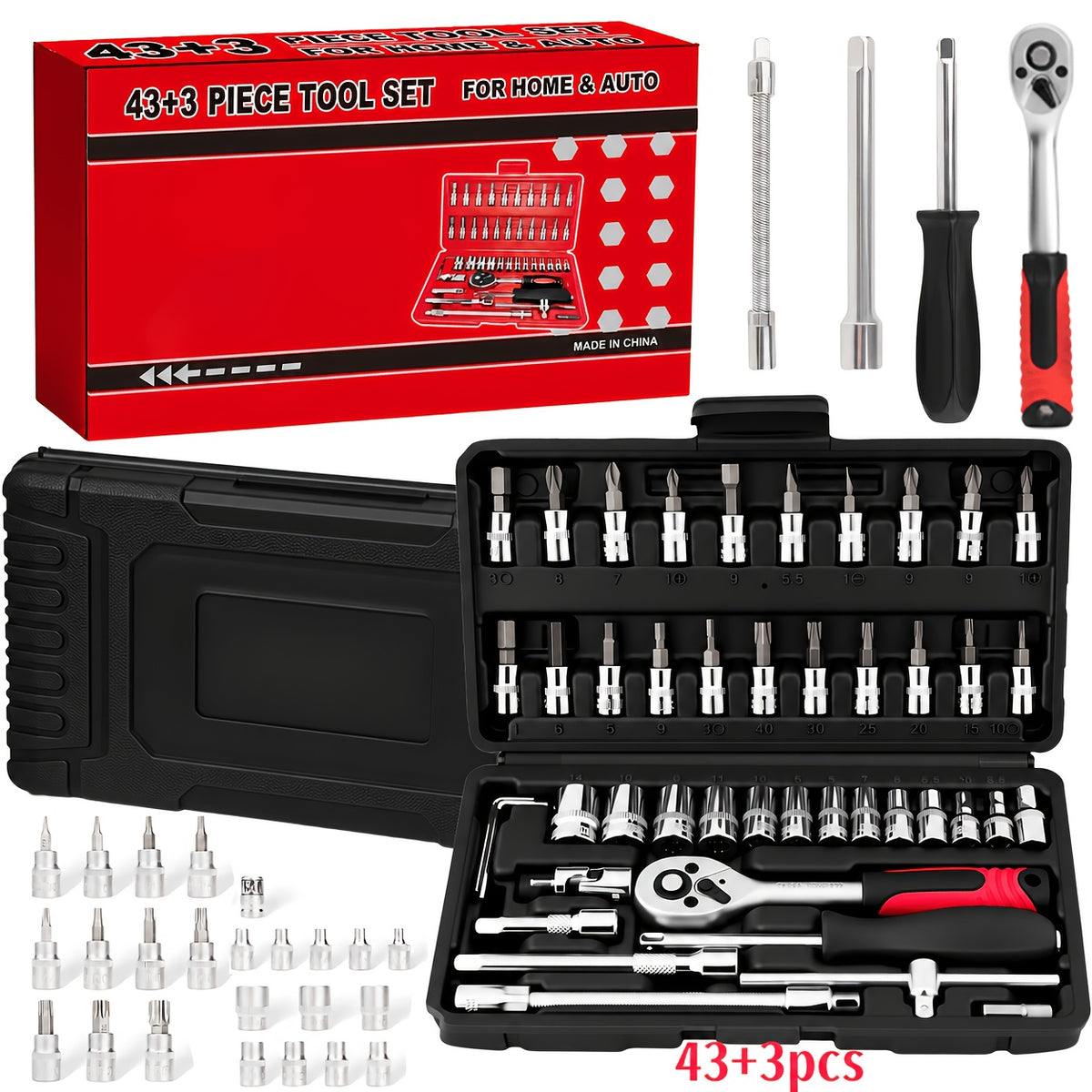 High-end Professional 43+3/44+2/51+1pc Of Tools, Car/icycle Repair Mechanical Set, Including 1/2 Inch 1/4 Inch 3/8 Inch Ratchet Socket Hex Wrench And Other Car Repair Accessories Tool Set, Suitable for Car Level Car Parts Repair.
