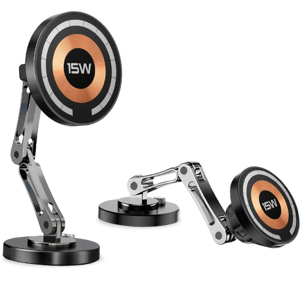 Magnetic Car Phone Mount 15W Wireless Charging – 360° Rotation, Foldable Stand, Super Magnetic Grip, Universal Fit for iPhone 12+ & Android Smartphones, No Battery Required