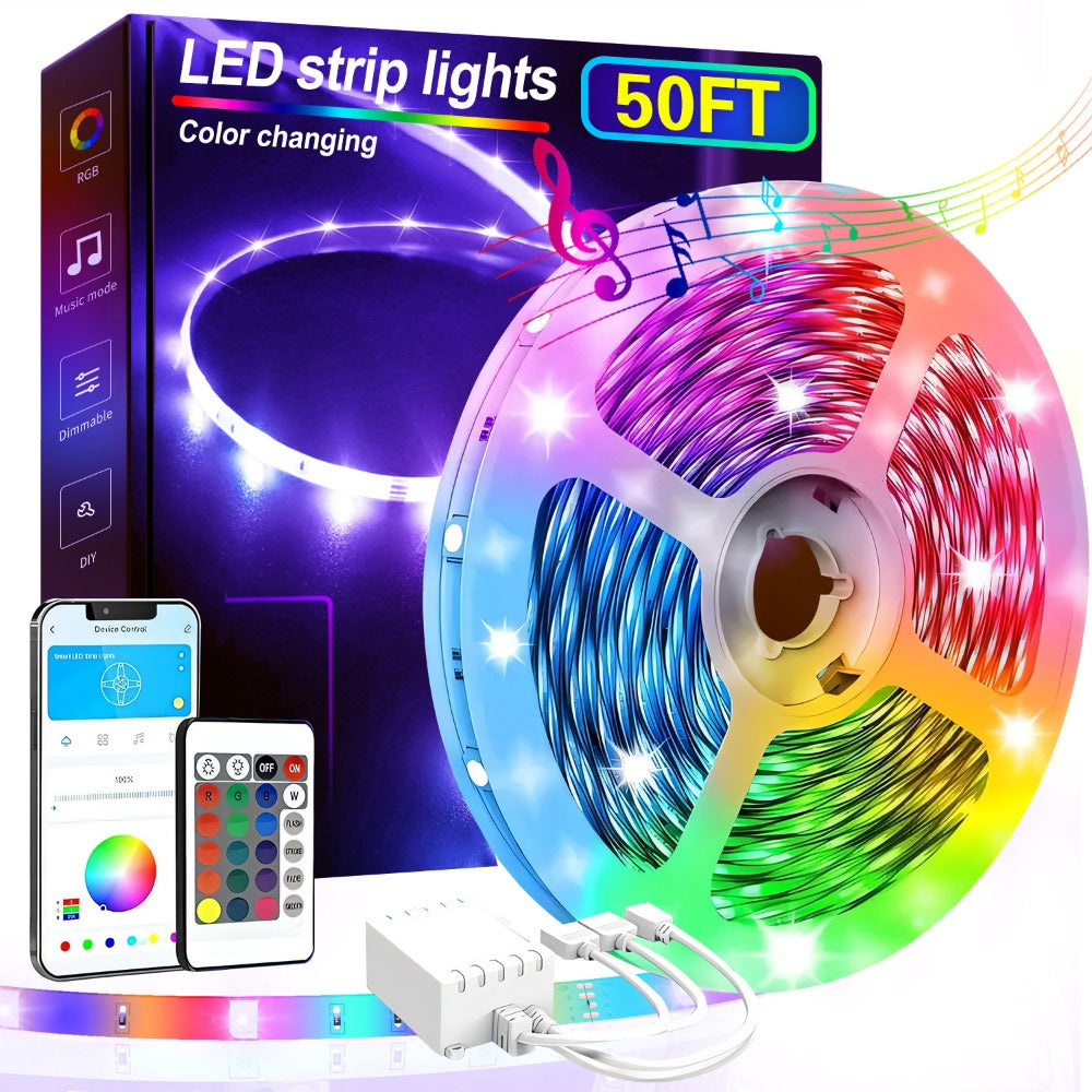 Smart LED Strip Lights 5050 RGB IC App & Remote Control, Music Sync Color Changing, for Bedroom Living Room Kitchen TV Home Decoration, Party Holiday Lighting – 25ft 50ft 100ft 130ft 200ft Available