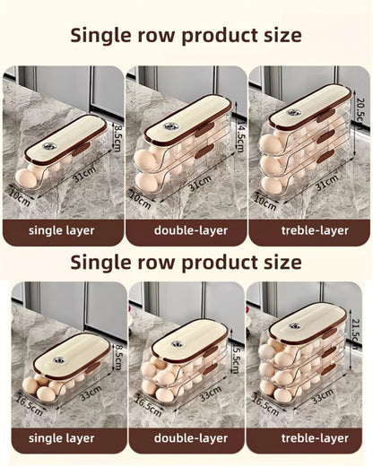 Egg Organizer for Refrigerator, Multi-Layer Auto-Rolling Egg Rack with Large Capacity – Space-Saving Egg Storage Dispenser for Fridge, Cabinet & Countertop, Ideal for Busy Families