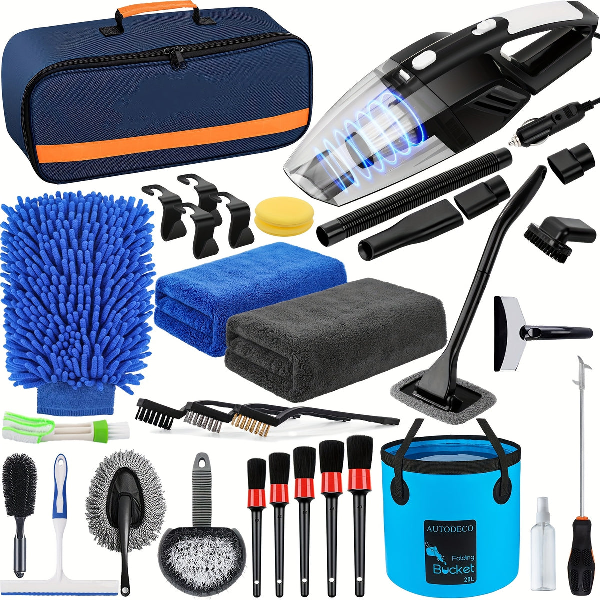 FCLUSLL 41pcs Car Cleaning And Washing Kit, Internal Detail Cleaning Kit, Equipped with High-power Handheld Vacuum Cleaner, Foldable Bucket, Windshield Tool, Snow Shovel, Tire Brush, Complete Set Of Car Care Tools, Holiday Gift for Family