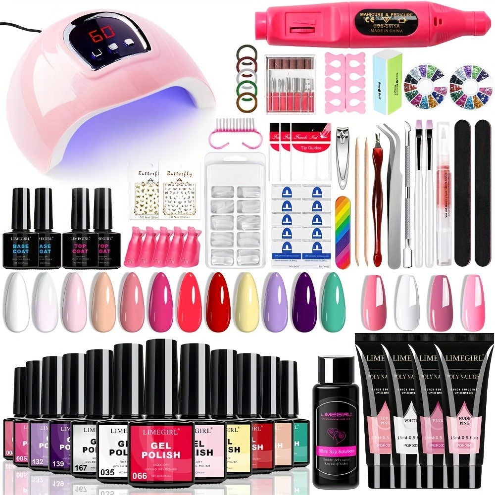 Gel Nail Polish Kit with UV Lamp & Electric Nail Drill - 12 Colors Gel Polish Set, Poly Extension Gel, Top & Base Coat, Glitter Nail Art Complete Starter Set for Home Salon, Beginner Gift