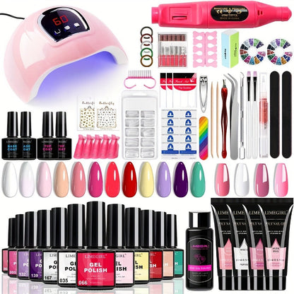 Gel Nail Polish Kit with UV Lamp & Electric Nail Drill - 12 Colors Gel Polish Set, Poly Extension Gel, Top & Base Coat, Glitter Nail Art Complete Starter Set for Home Salon, Beginner Gift