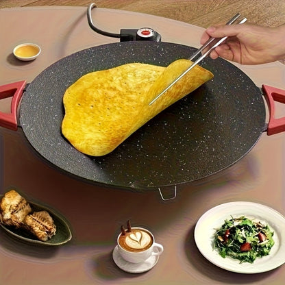 Korean BBQ Grill Pan – Round Non-Stick Multi-Functional Electric Grill Pan with Red Handle & Adjustable Settings, Home & Outdoor BBQ Pot for Family Gatherings, Available in 14.17" & 15.75"