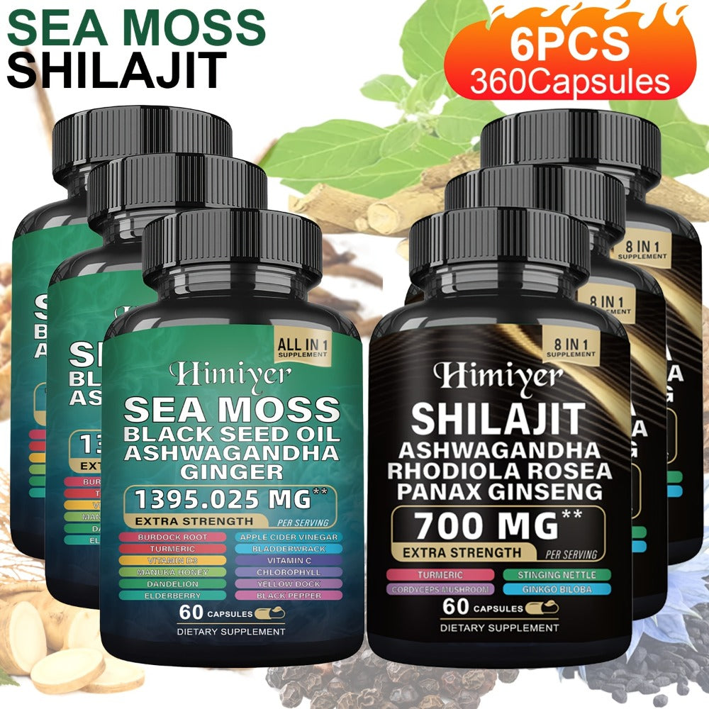 Sea Moss & Shilajit Capsules 12-in-1 Supplement - Bladderwrack Burdock Ashwagandha Black Seed Vitamin C D3 Rhodiola Ginseng Complete Wellness Formula for Energy Immunity Vitality
