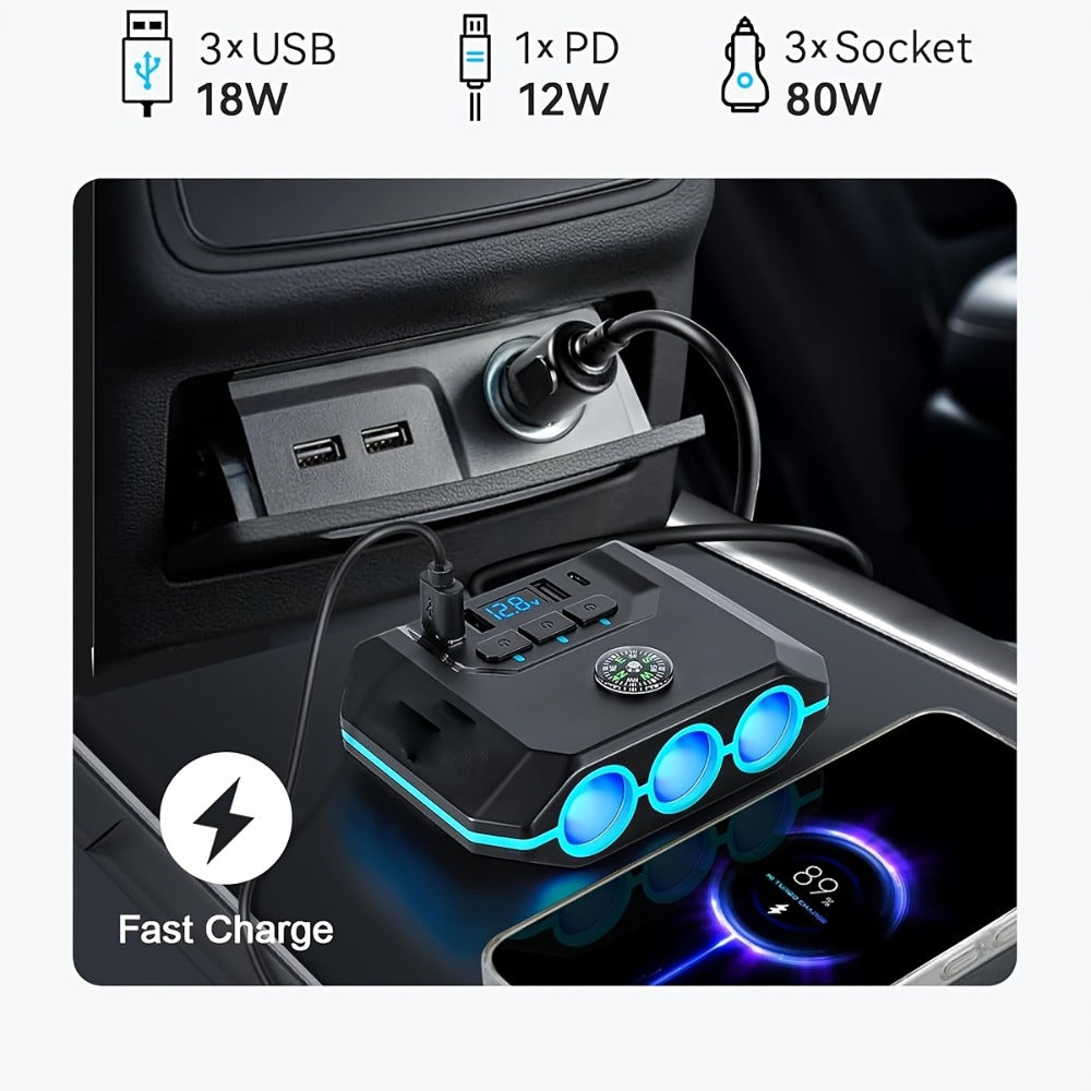 Car Cigarette Lighter Splitter 3-Socket 120W Power Outlet Adapter | QC3.0 + PD USB Ports | 12V/24V Voltage Monitor Independent Switch Car Charger Hub for SUV Truck RV Multi-Device Charging