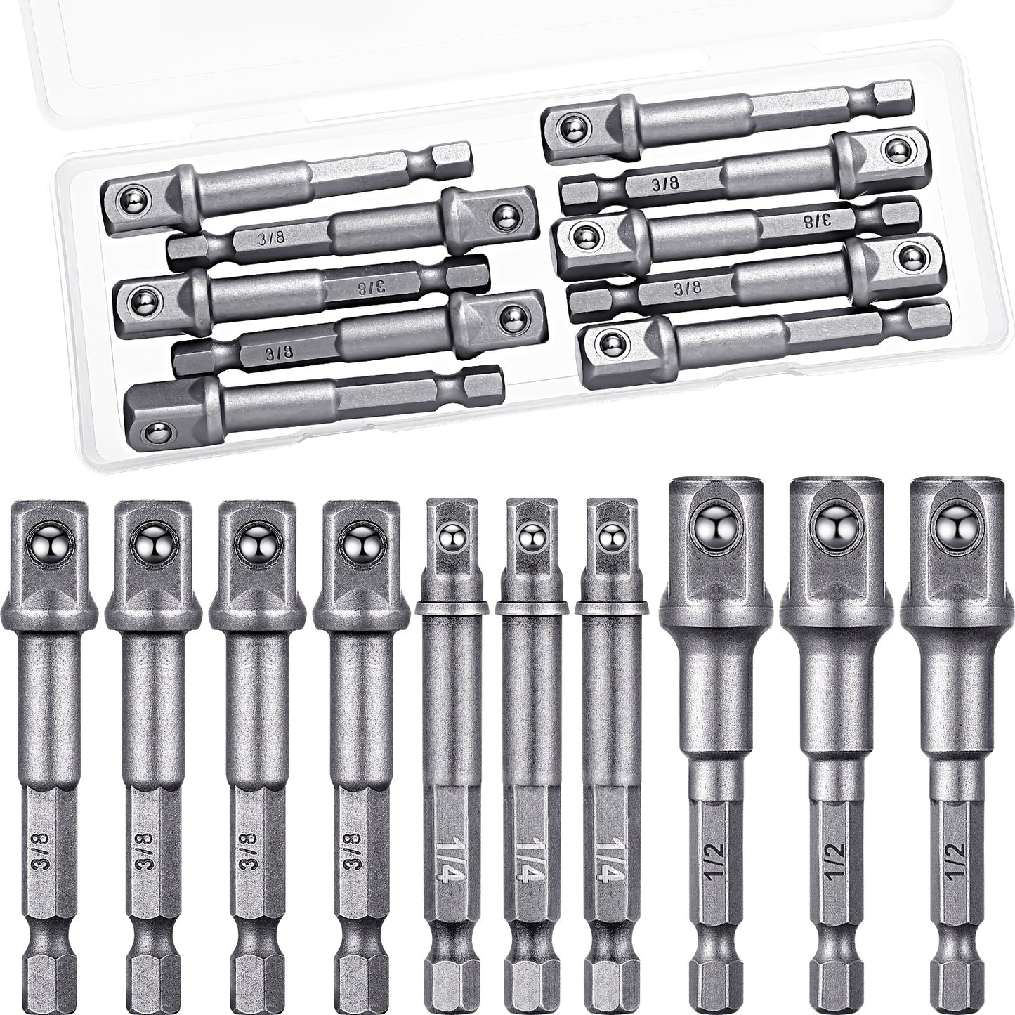 Impact Socket Adapter Set 1/2 3/8 1/4 Inch - Hex Shank to Square Drive Bit Adapter for Impact Driver & Drill, Automotive DIY Tool Extension