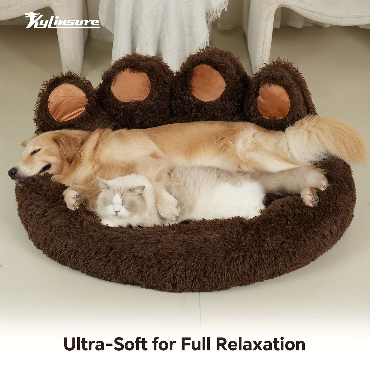 Dog Bed Cat Bed Bear Paw Shaped Donut – Calming Round Plush Pet Mattress, Warm & Soft Cuddler Bed for Dogs and Cats, Includes Pet Scarf, Sizes S to 2XL, Colors: Coffee, Pink, Grey, Brown