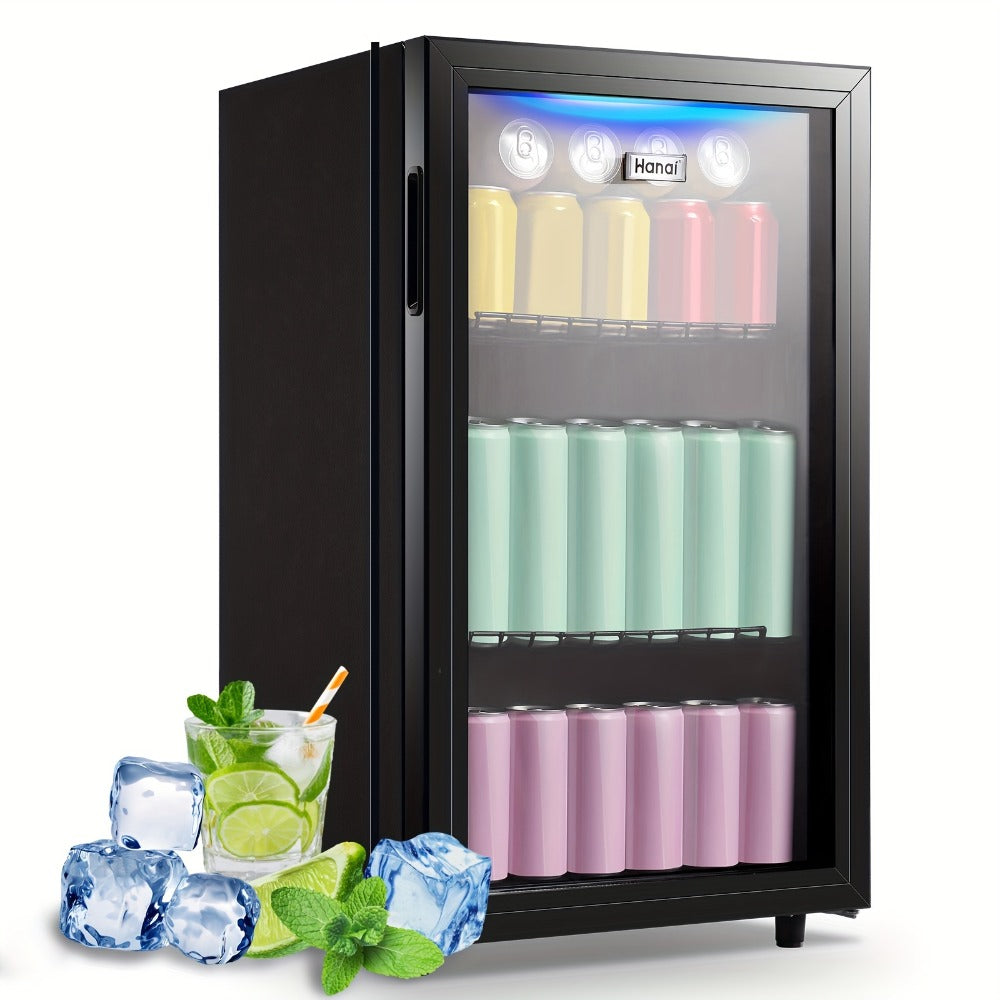 Beverage Refrigerator with Glass Door, Mini Drink Cooler Fridge with Blue LED Light, 3 Adjustable Shelves & R600a Compressor – 1.7 or 3.5 Cu Ft Freestanding Bar Fridge for Home, Office, Dorm and Bar