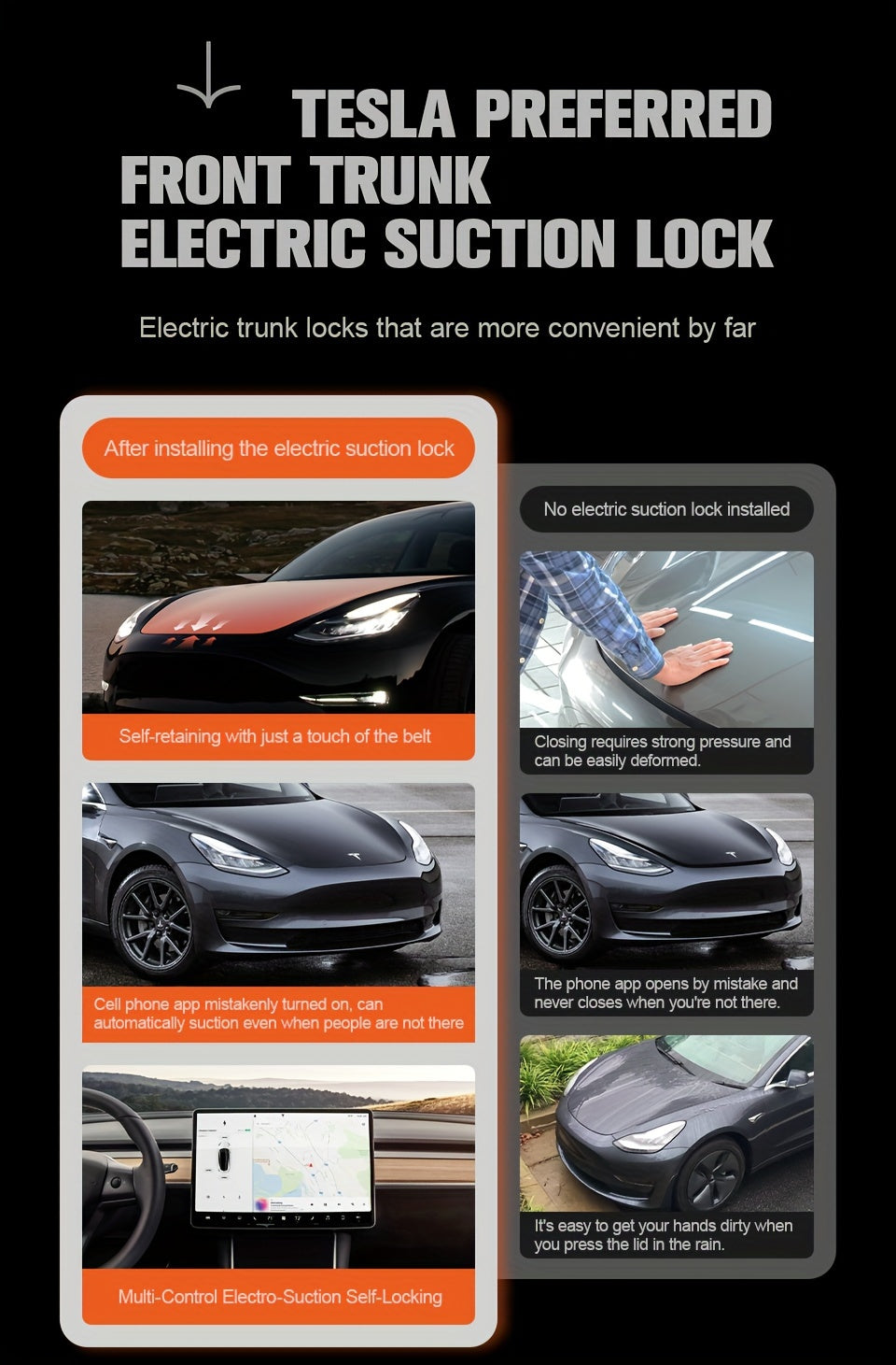 Frunk Electric Suction Soft Closing for Tesla for Model Y Model 3 Model S Model X 2021-2024 Front Trunk Cover Automatic Lock Closer, Power Front Hood Cargo Lid Auto Close Locker Motor for Model Y Model 3 Model S Model X for Tesla Accessories