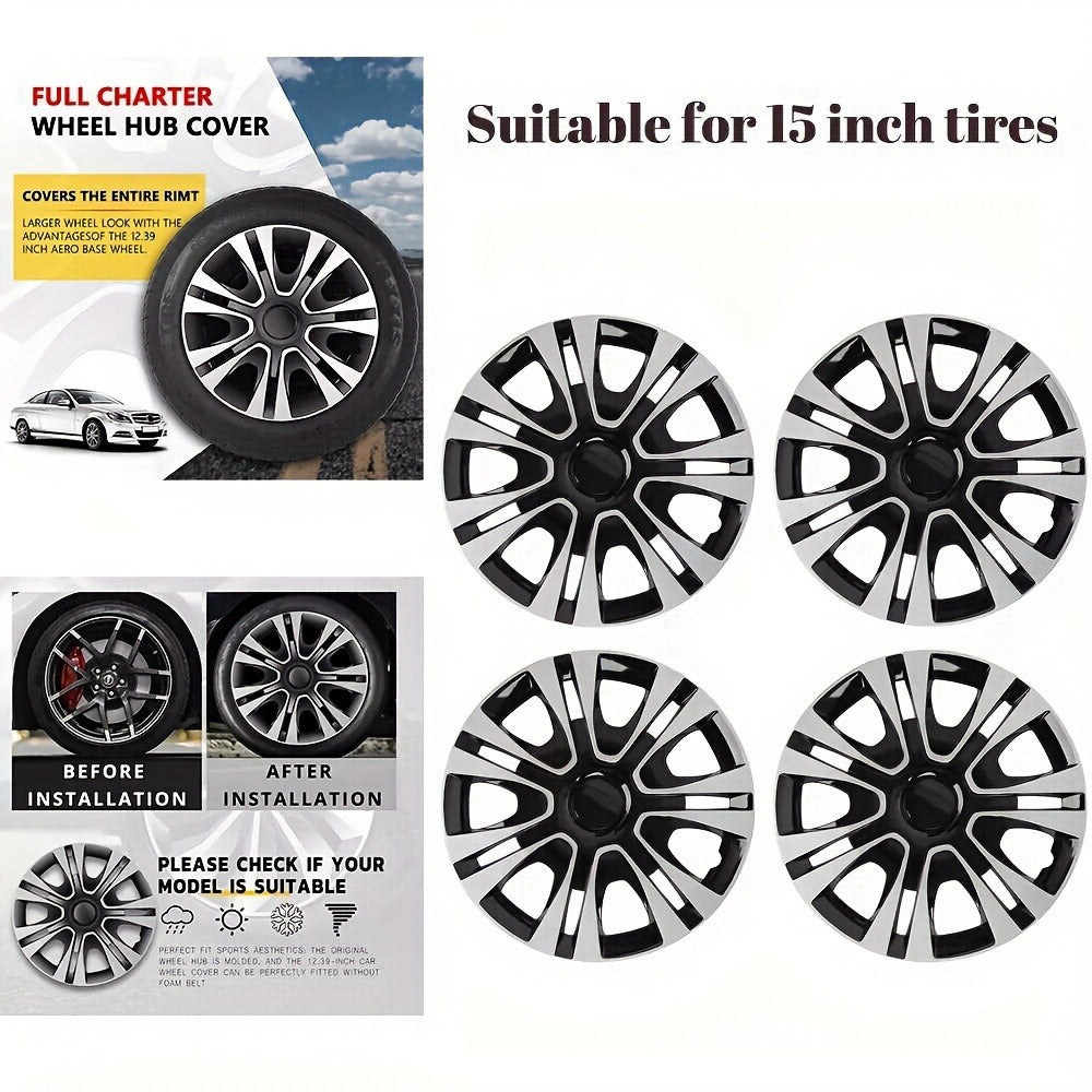 Hubcaps 4pcs Set – 15 Inch & 16 Inch Full Cover Wheel Hub Covers, Snap-On Easy Install, Universal Fit Steel Wheels for Sedan, SUV, Truck & Coupe, Silver Plastic Wheel Covers