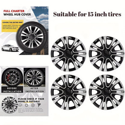 Hubcaps 4pcs Set – 15 Inch & 16 Inch Full Cover Wheel Hub Covers, Snap-On Easy Install, Universal Fit Steel Wheels for Sedan, SUV, Truck & Coupe, Silver Plastic Wheel Covers