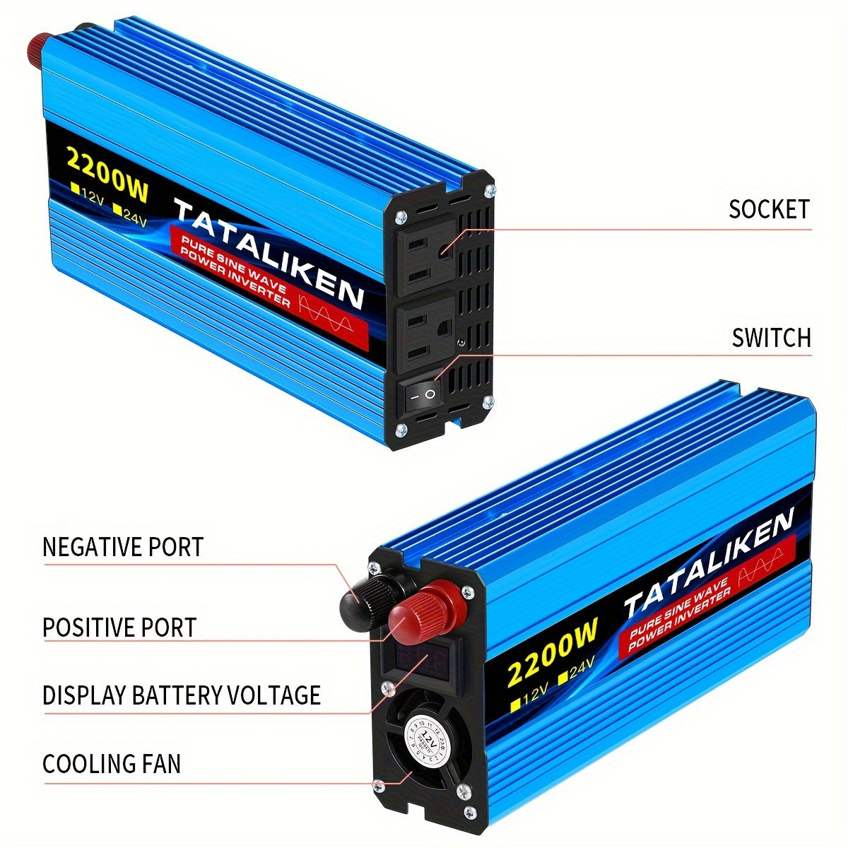 TATALIKEN 2200Watt Pure Sine Wave Inverter, 12V/24V DC to 110V AC | 2 AC Output Outlets, Suitable for RVs, Trucks, Off-grid Systems, Homes And Vehicles, Truck Power Supplies, Electronic Accessories, Batteries Not Included.
