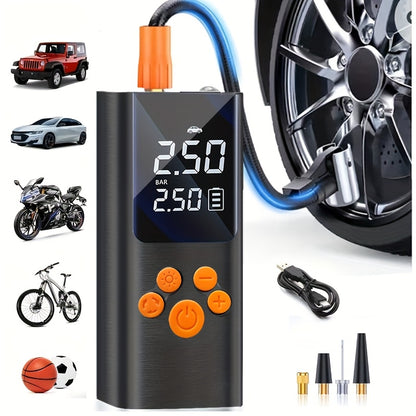 Portable Cordless Tire Inflator with Digital Gauge & LED Light – USB Rechargeable Fast Air Compressor for Car, Bike, Motorcycle & Sports Equipment, Emergency Tire Pump with Auto Shutoff