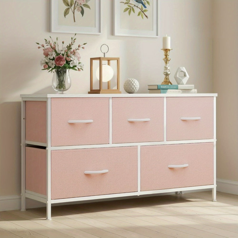 Dresser, 5-Drawer for Bedroom Fabric Storage Chest with Drawer Organizer 2 Fabric Bins shown in the main product view