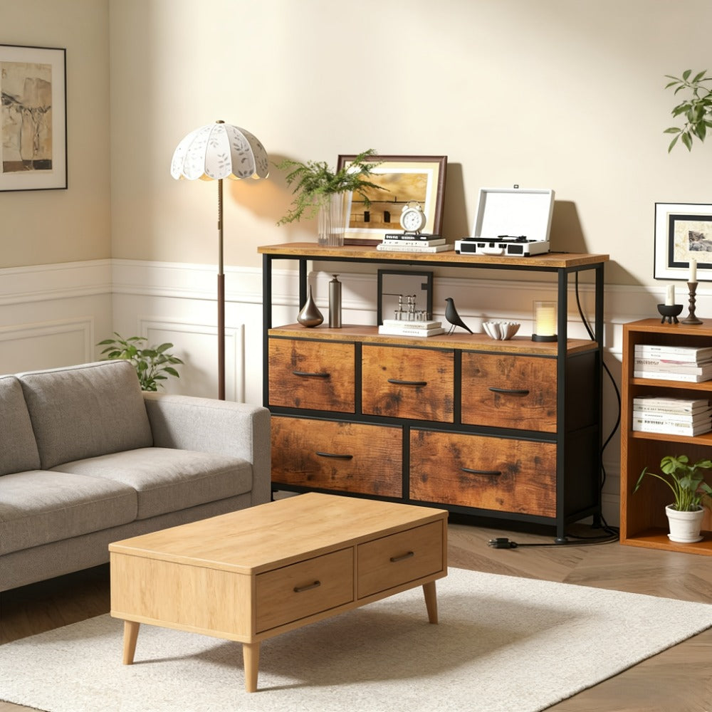 TV Stand, 5-Drawer Dresser for 45 Inch TVs with Charging Station & 2 Storage Shelves shown in the main product view