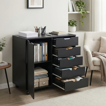 5-Drawer Wood Storage Cabinet with Rolling Wheels and Adjustable Shelves detail image