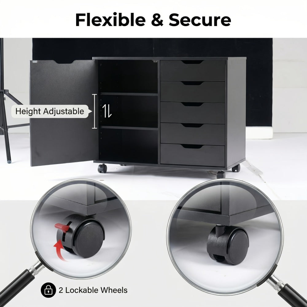5-Drawer Wood Storage Cabinet with Rolling Wheels and Adjustable Shelves detail image - detail view 5