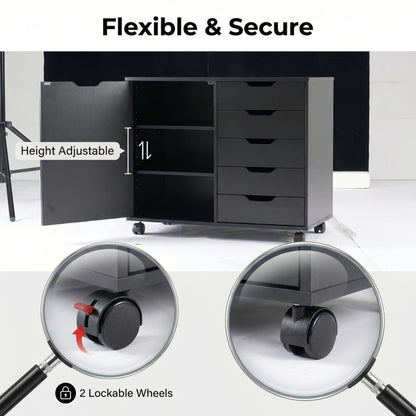 5-Drawer Wood Storage Cabinet with Rolling Wheels and Adjustable Shelves detail image - detail view 5