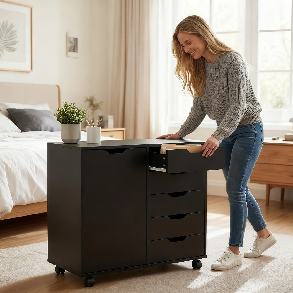 5-Drawer Wood Storage Cabinet with Rolling Wheels and Adjustable Shelves detail image - detail view 6